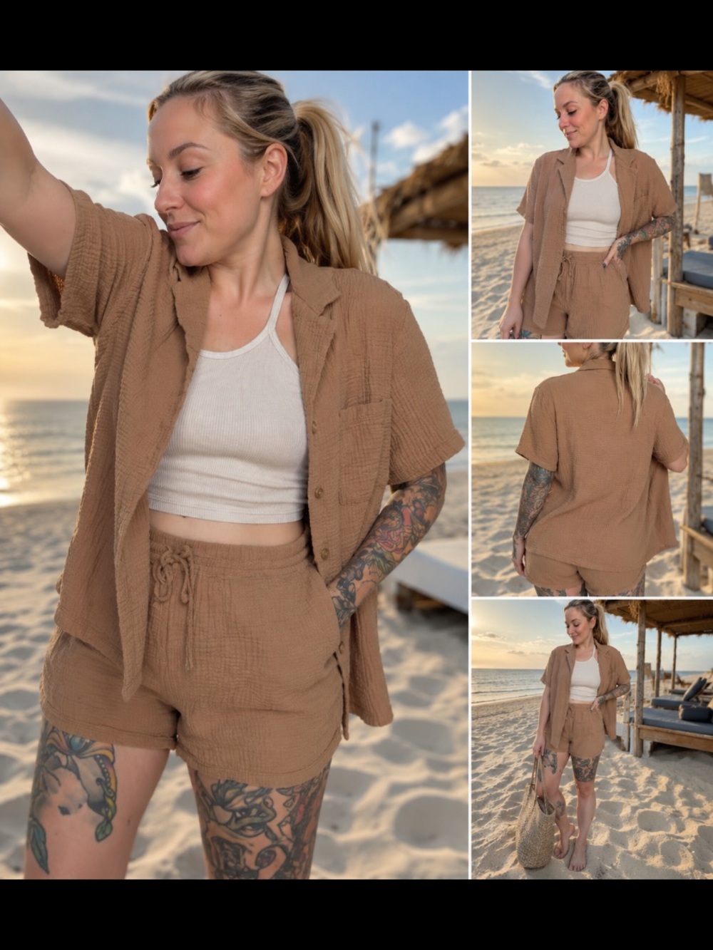 Nicole Miller Tan  Women’s set of 2 ,shorts and shirt Cover-Up size M - Picture 2 of 3